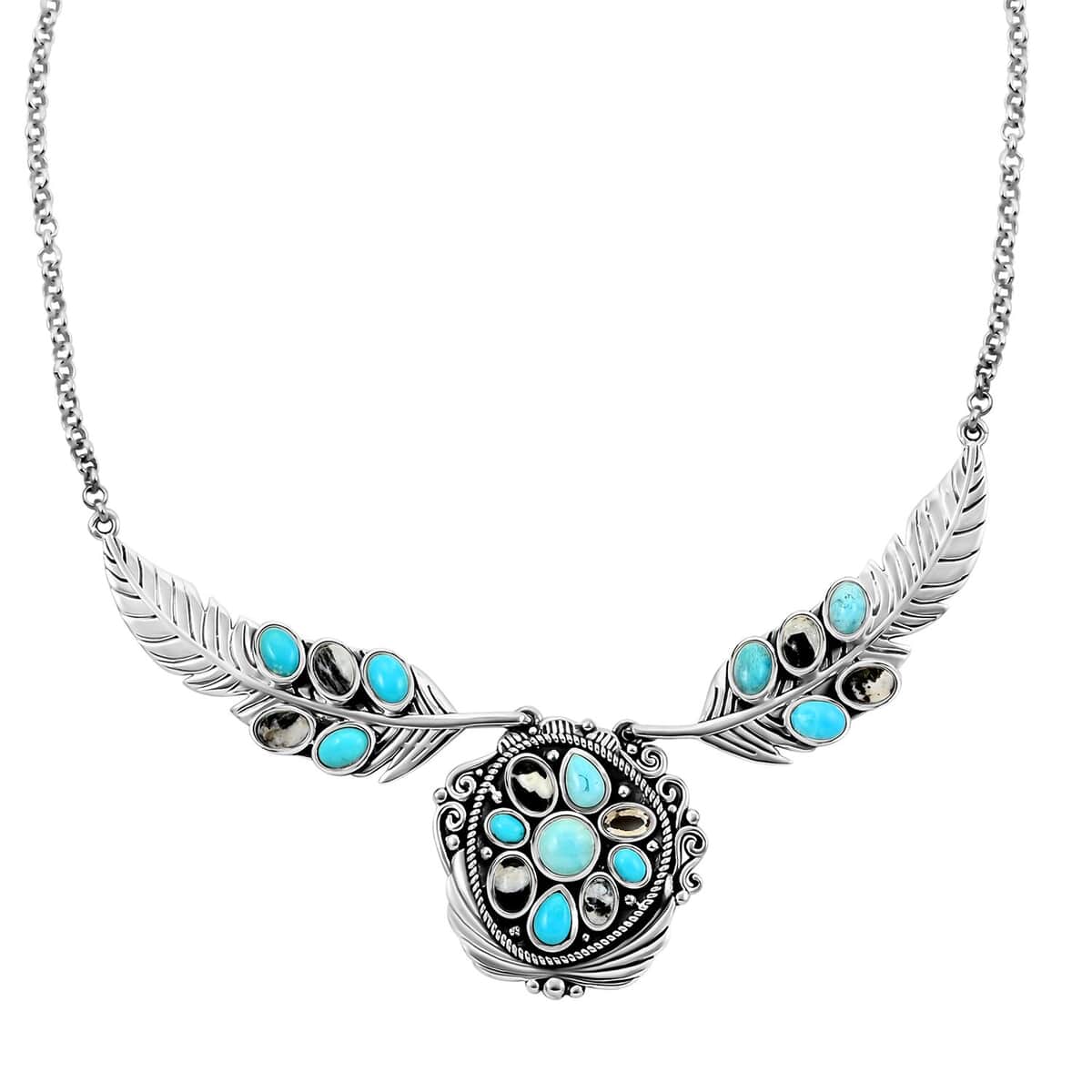 Artisan Crafted Sleeping Beauty Turquoise and White Buffalo Feather Necklace 18-20 Inches in Sterling Silver 8.15 ctw image number 2