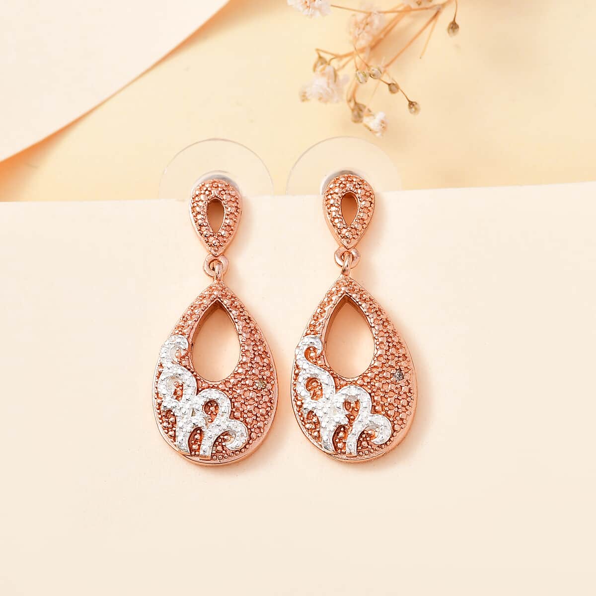 Karis Natural Champagne Diamond Accent Oval Dangling Earrings in 18K Rose Gold Plated image number 1