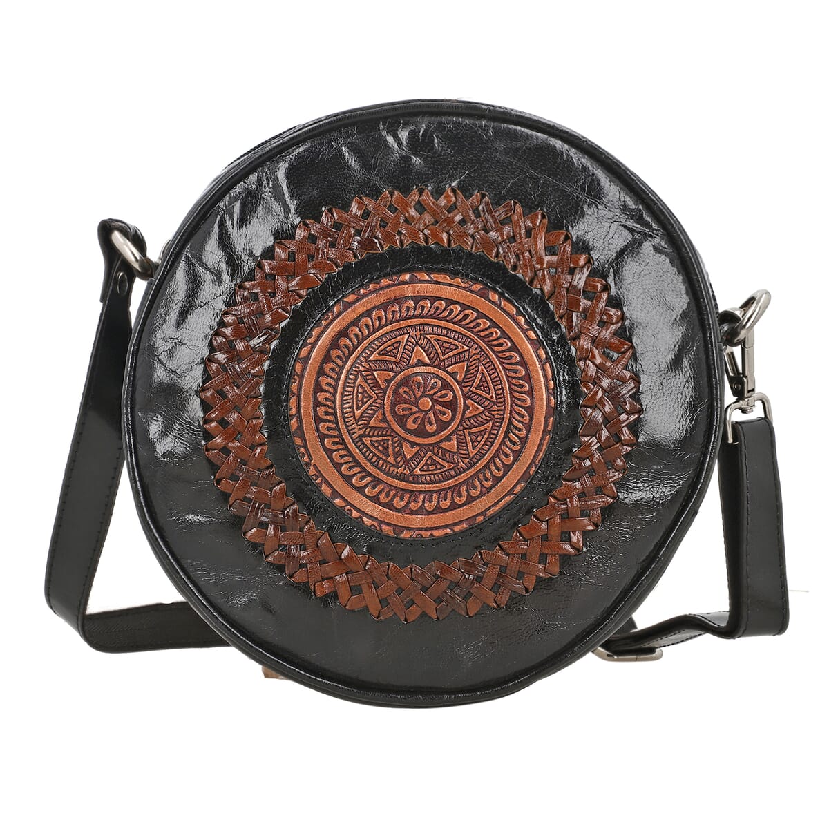 "100% Genuine leather weaving round croosbody bag SIZE: 7(L)x2.4(W)x7(H)Inches  COLOR: Black" image number 0