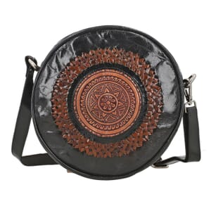 Black Genuine Leather Weaving Mandala Pattern Round Crossbody Bag