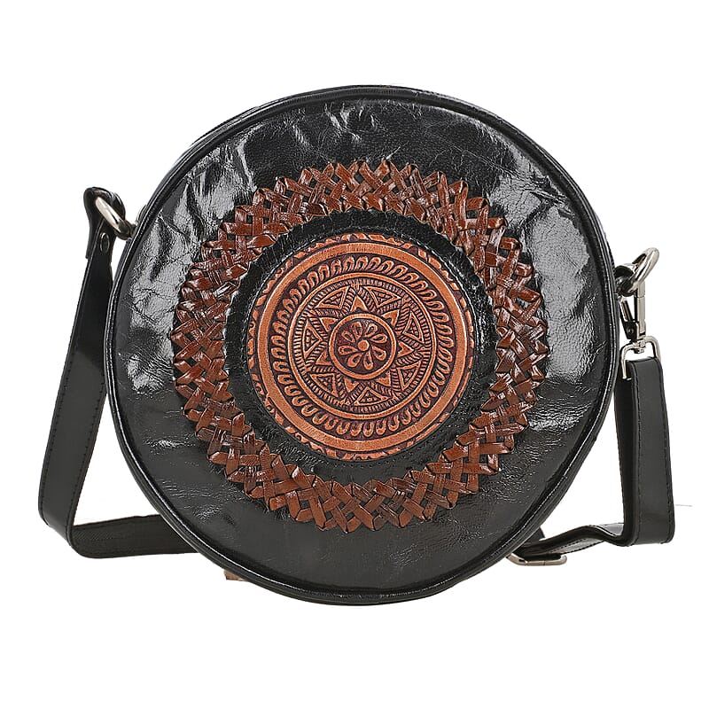Black Genuine Leather Weaving Mandala Pattern Round Crossbody Bag