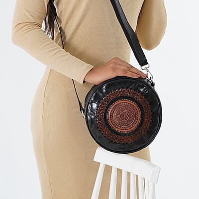 Black Genuine Leather Weaving Mandala Pattern Round Crossbody Bag