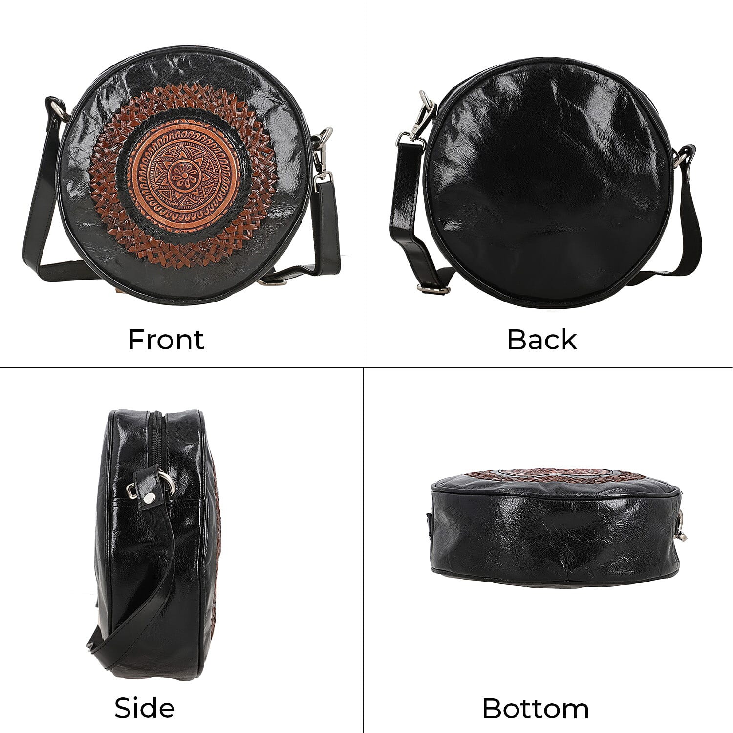 Black Genuine Leather Weaving Mandala Pattern Round Crossbody Bag