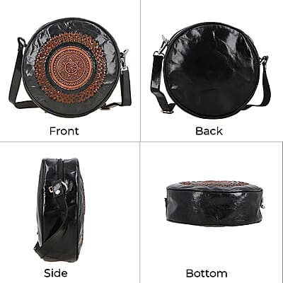 Black Genuine Leather Weaving Mandala Pattern Round Crossbody Bag