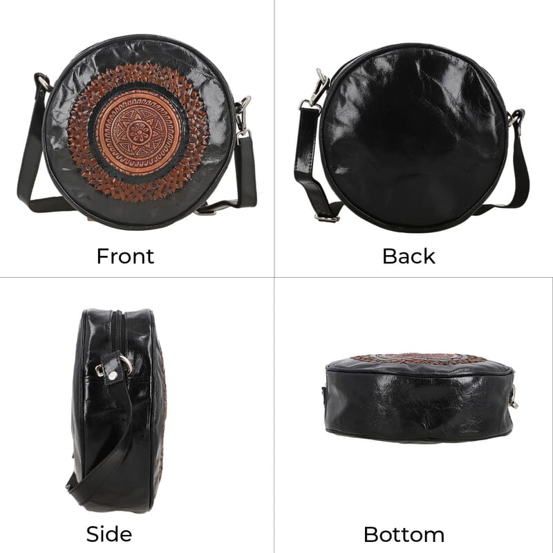 Black Genuine Leather Weaving Mandala Pattern Round Crossbody Bag
