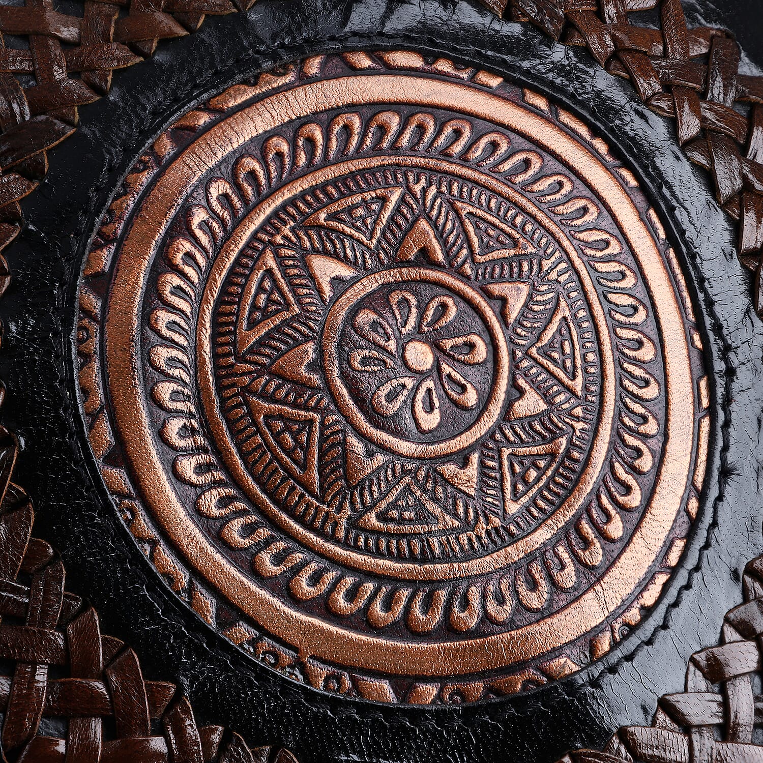 Black Genuine Leather Weaving Mandala Pattern Round Crossbody Bag