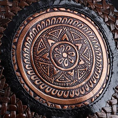 Black Genuine Leather Weaving Mandala Pattern Round Crossbody Bag