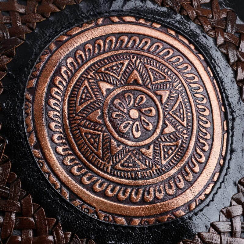Black Genuine Leather Weaving Mandala Pattern Round Crossbody Bag