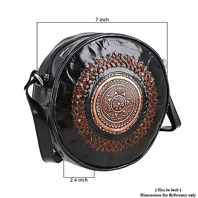 Black Genuine Leather Weaving Mandala Pattern Round Crossbody Bag