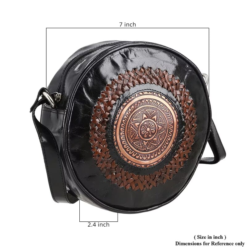 Black Genuine Leather Weaving Mandala Pattern Round Crossbody Bag