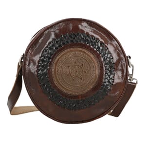 Brown Genuine Leather Weaving Mandala Pattern Round Crossbody Bag