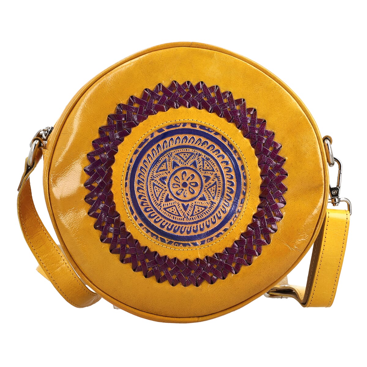 Tan Genuine Leather Weaving Mandala Pattern Round Crossbody Bag image number 0