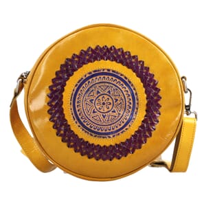Tan Genuine Leather Weaving Mandala Pattern Round Crossbody Bag