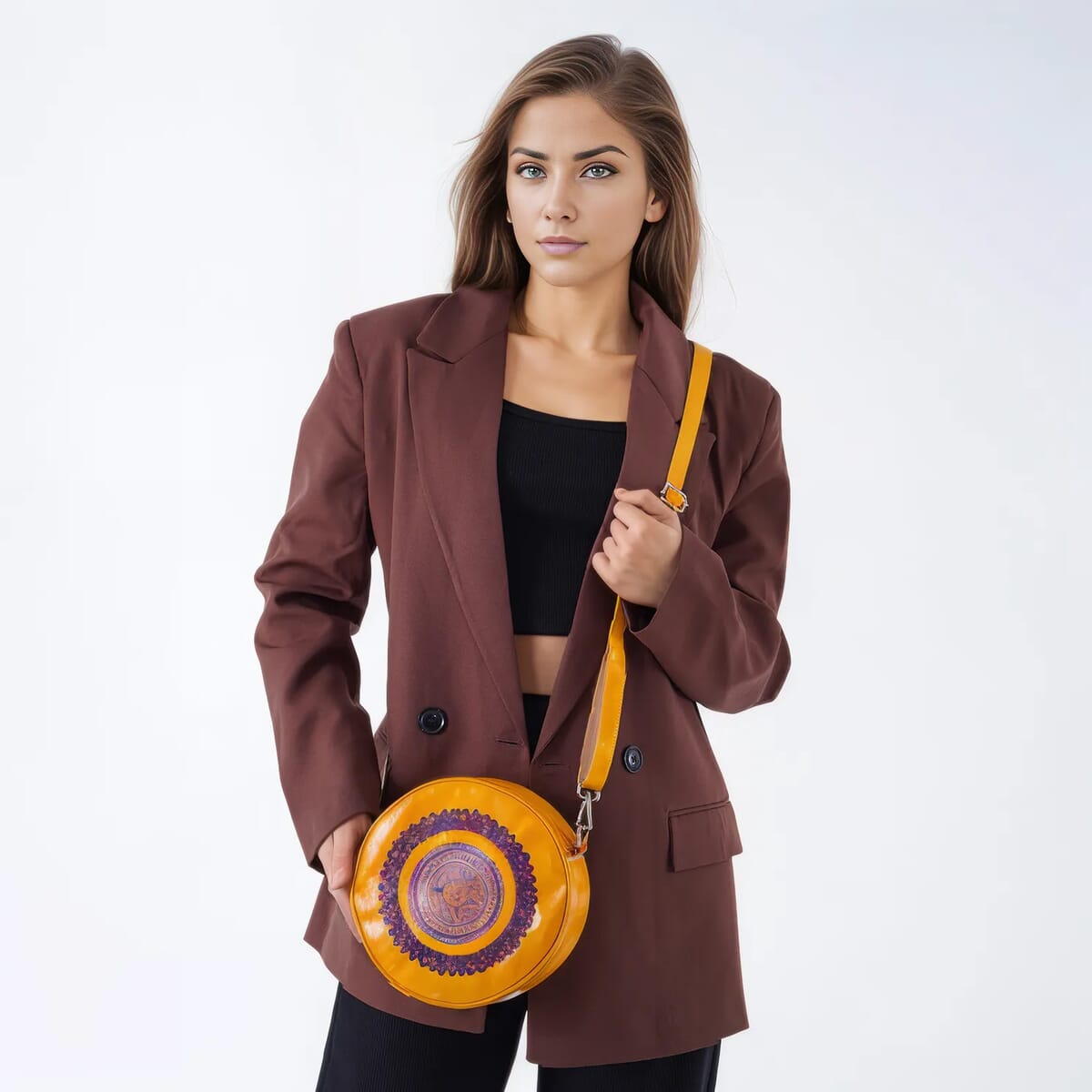 Tan Genuine Leather Weaving Mandala Pattern Round Crossbody Bag image number 1