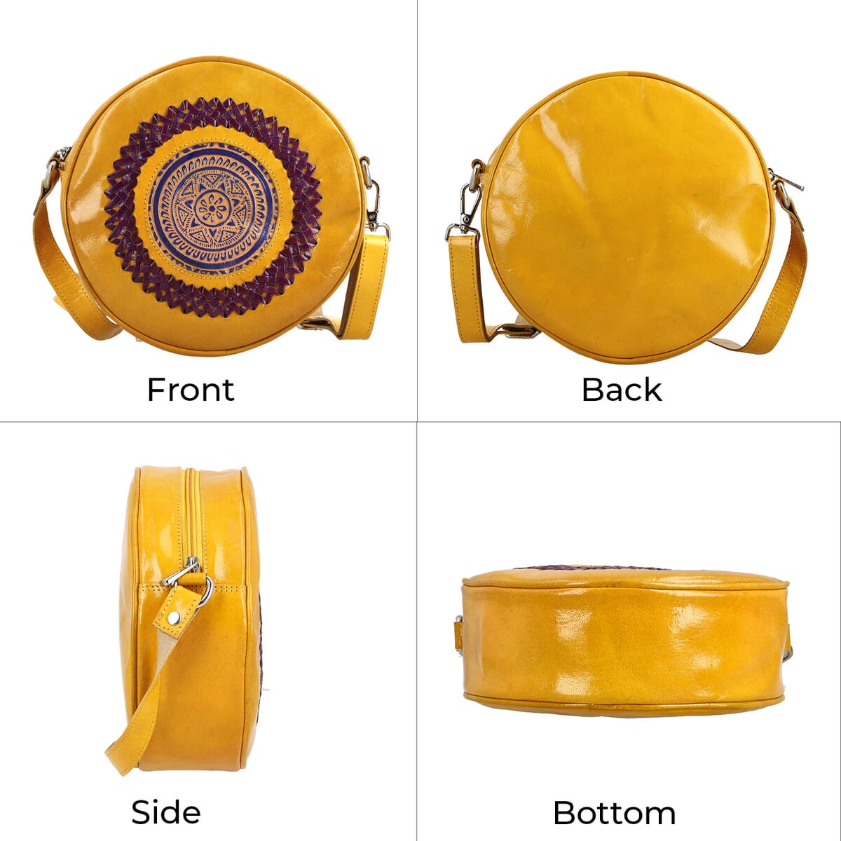 Tan Genuine Leather Weaving Mandala Pattern Round Crossbody Bag image number 4