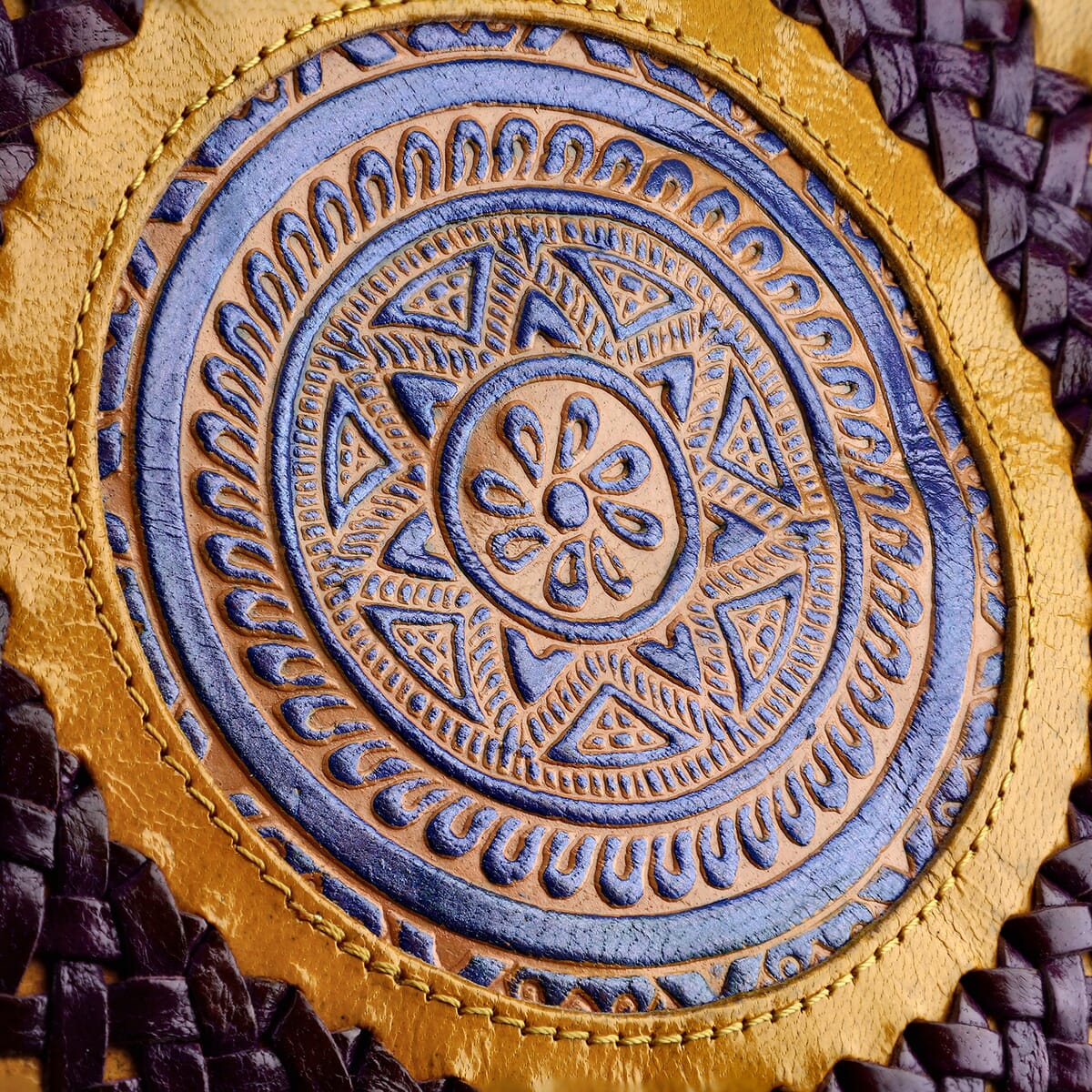 Tan Genuine Leather Weaving Mandala Pattern Round Crossbody Bag image number 5