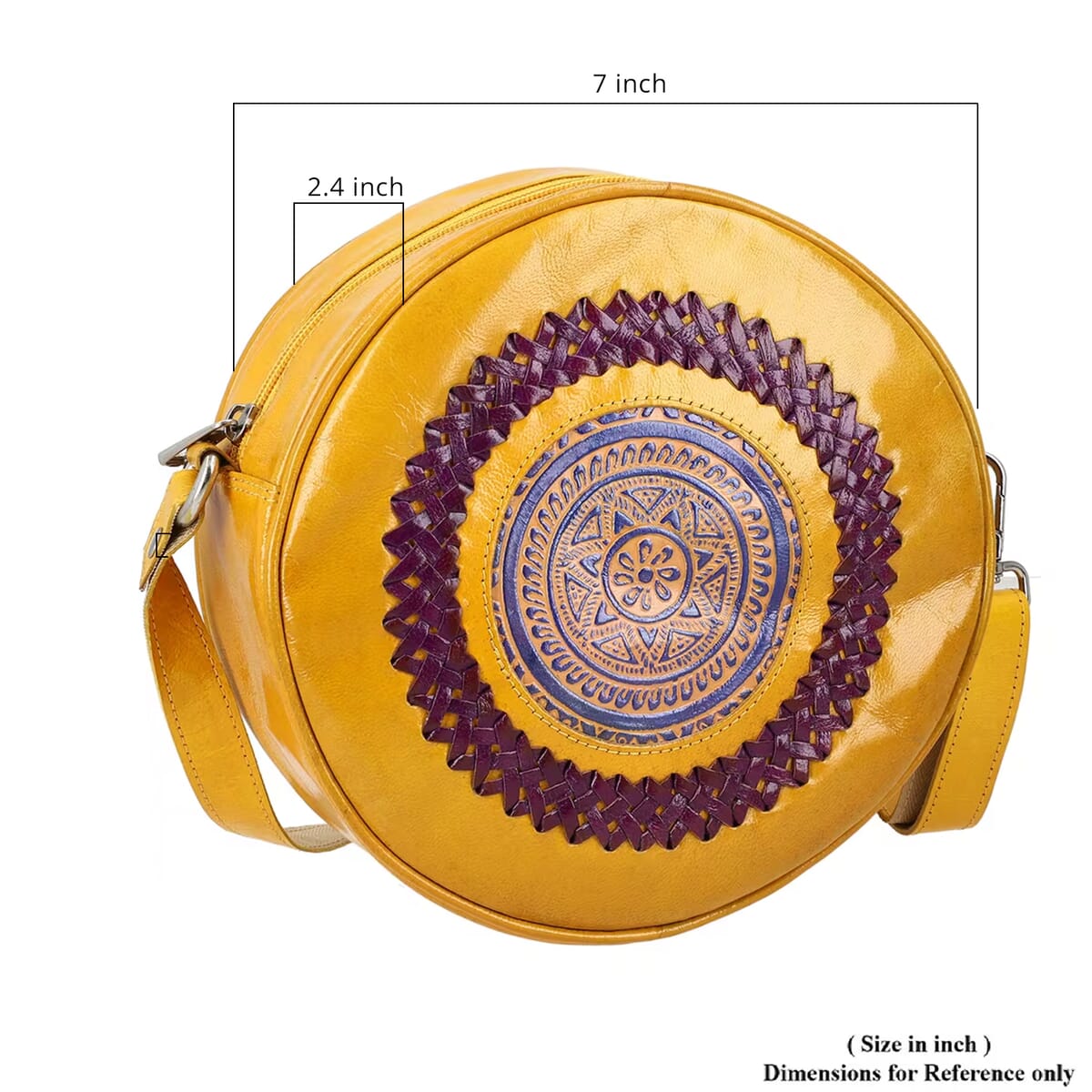 Tan Genuine Leather Weaving Mandala Pattern Round Crossbody Bag image number 6