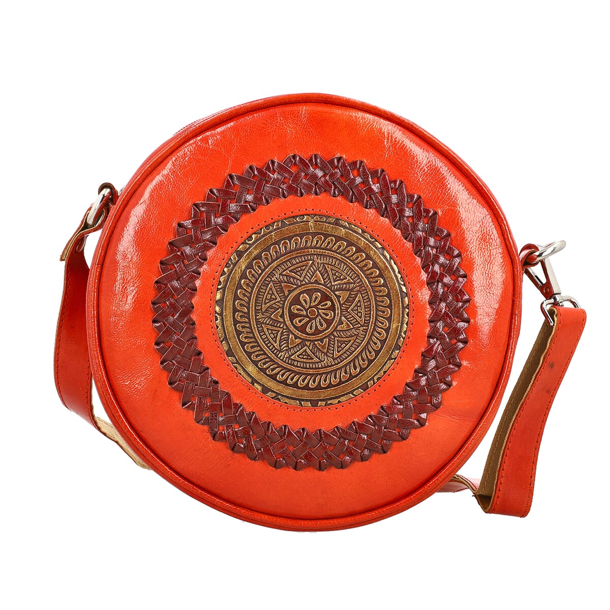 Orange Genuine Leather Weaving Mandala Pattern Round Crossbody Bag image number 0