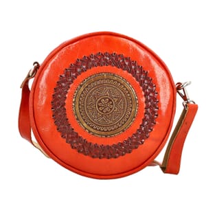 Orange Genuine Leather Weaving Mandala Pattern Round Crossbody Bag