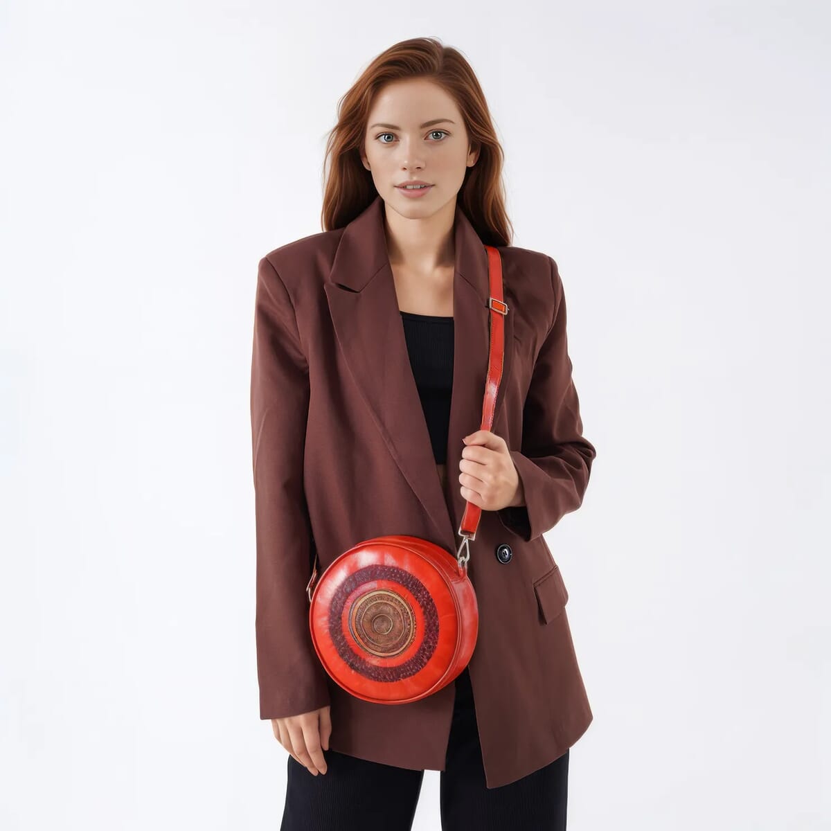 Orange Genuine Leather Weaving Mandala Pattern Round Crossbody Bag image number 1