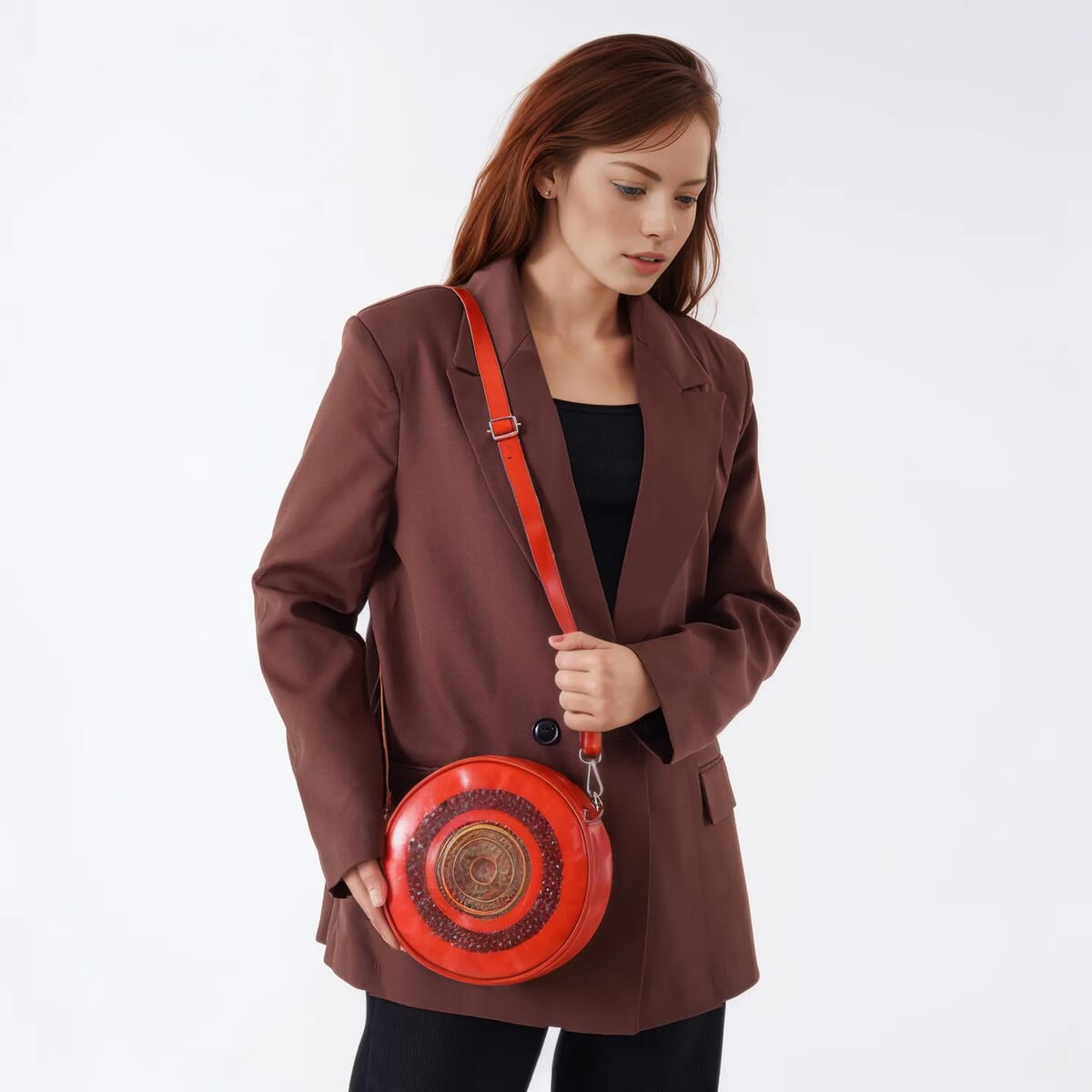 Orange Genuine Leather Weaving Mandala Pattern Round Crossbody Bag image number 2