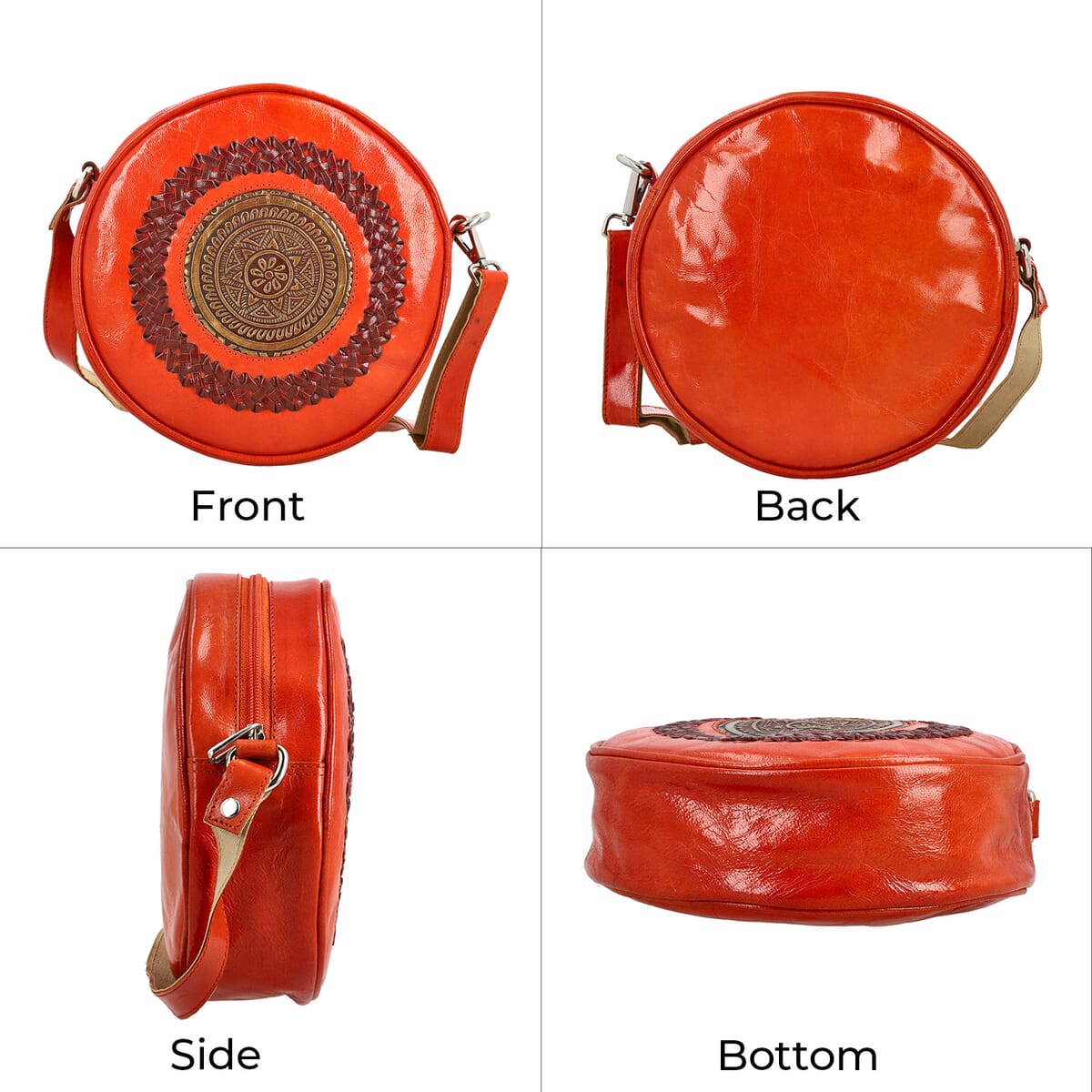 Orange Genuine Leather Weaving Mandala Pattern Round Crossbody Bag image number 4