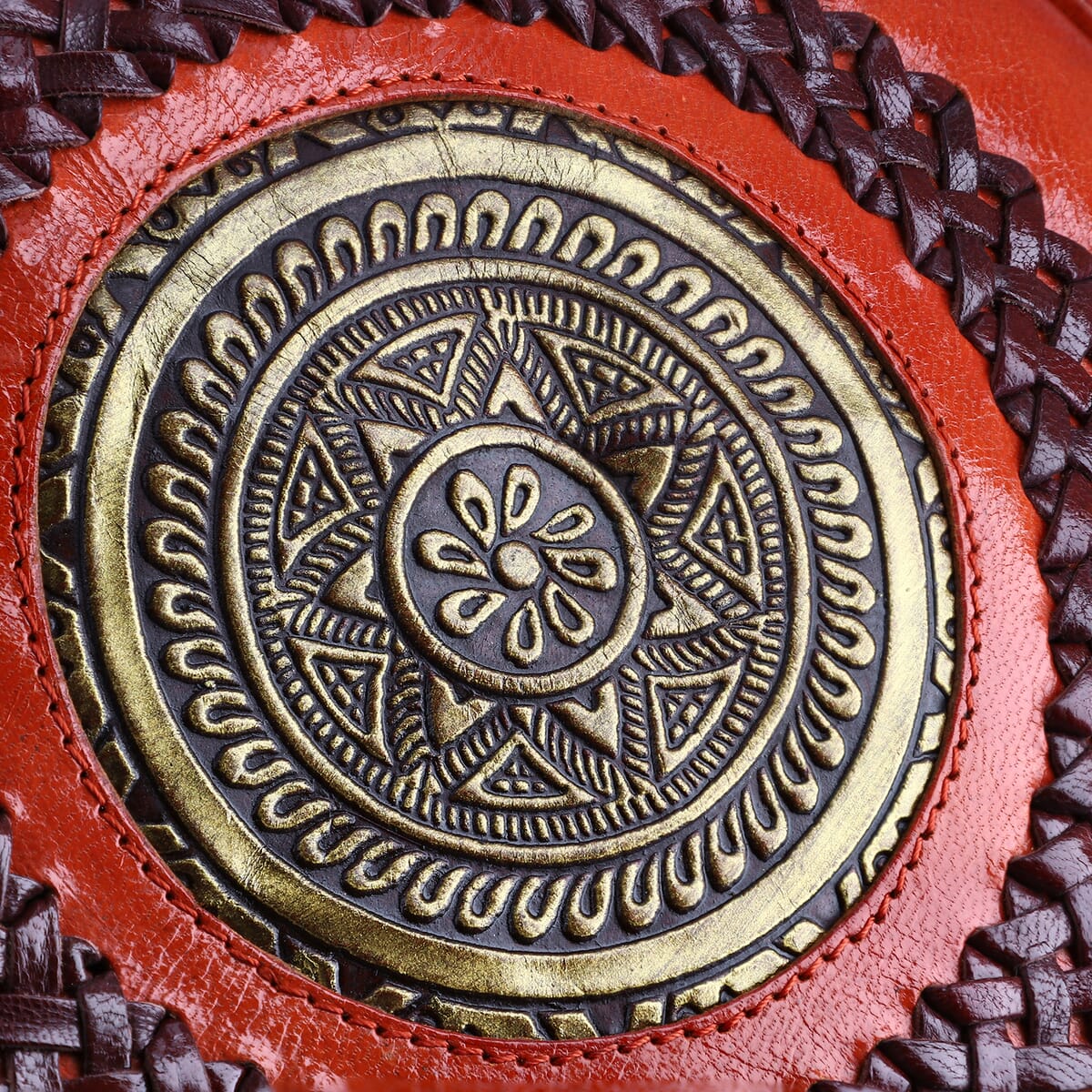 Orange Genuine Leather Weaving Mandala Pattern Round Crossbody Bag image number 5