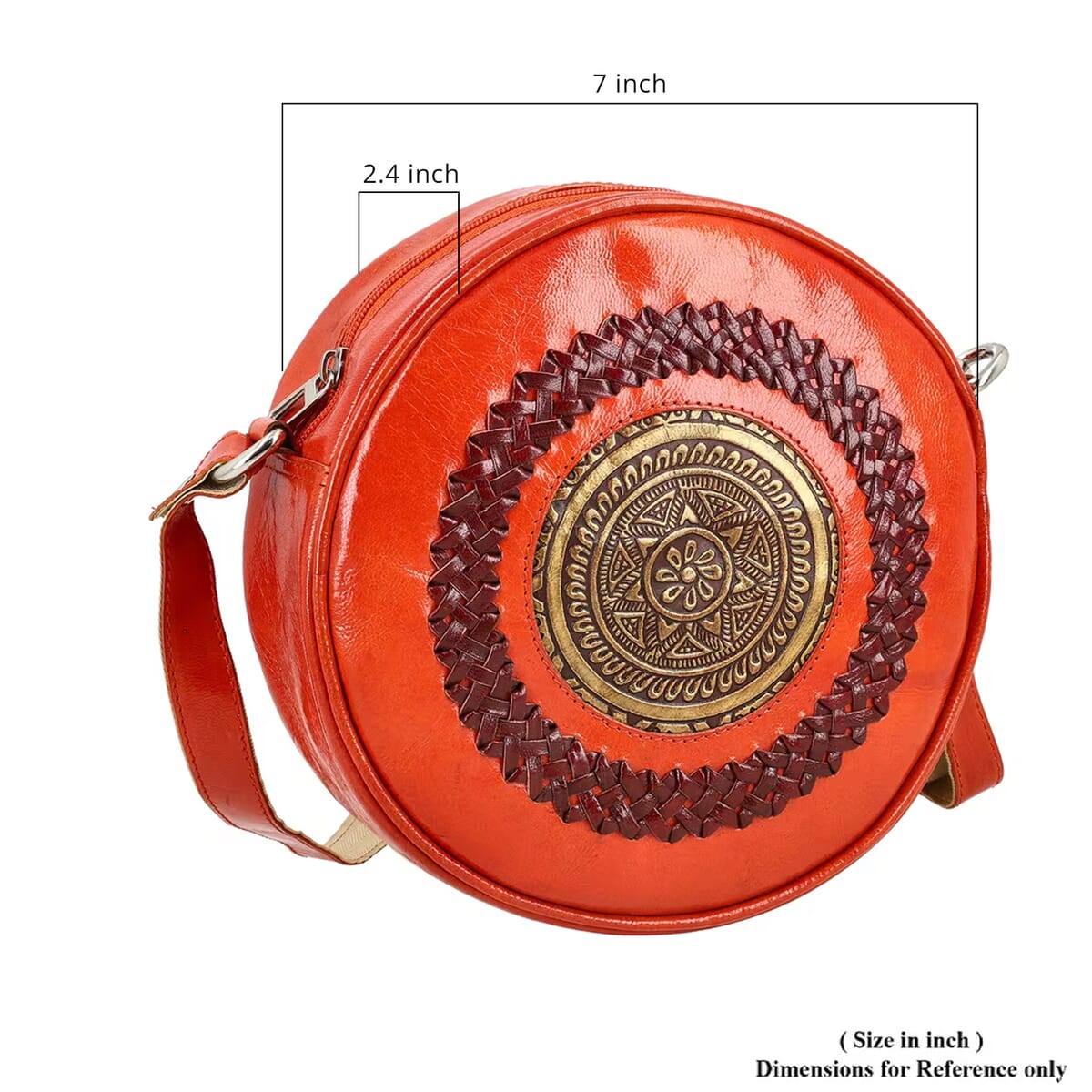 Orange Genuine Leather Weaving Mandala Pattern Round Crossbody Bag image number 6