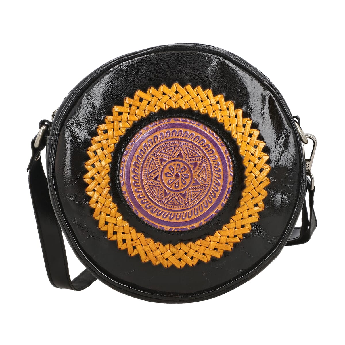 Black and Yellow Genuine Leather Weaving Mandala Pattern Round Crossbody Bag image number 0