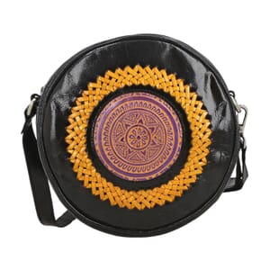Black and Yellow Genuine Leather Weaving Mandala Pattern Round Crossbody Bag