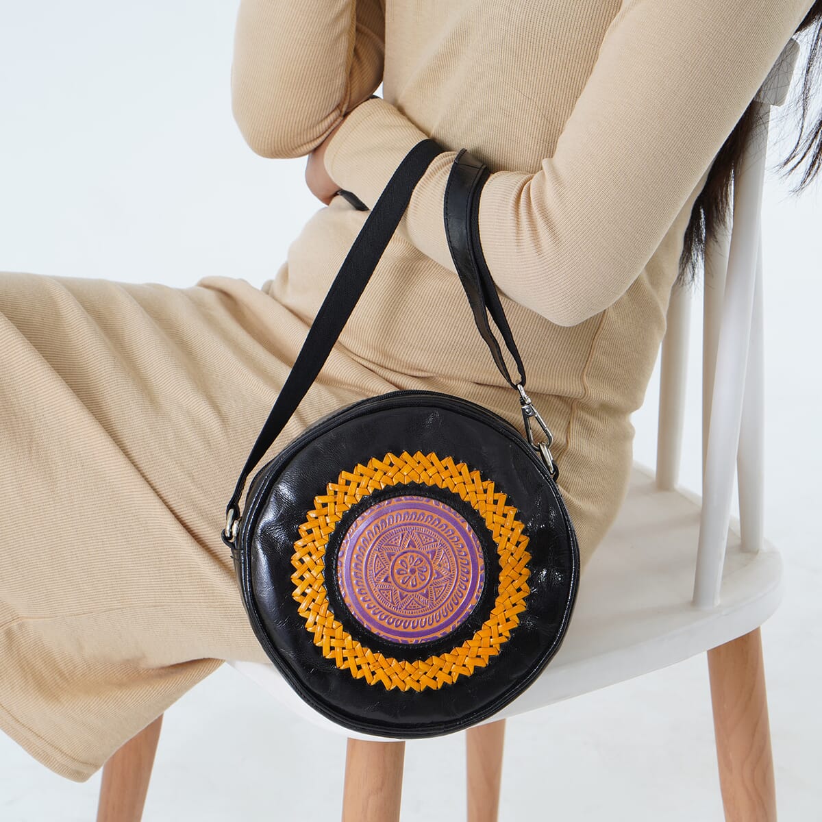 Black and Yellow Genuine Leather Weaving Mandala Pattern Round Crossbody Bag image number 3