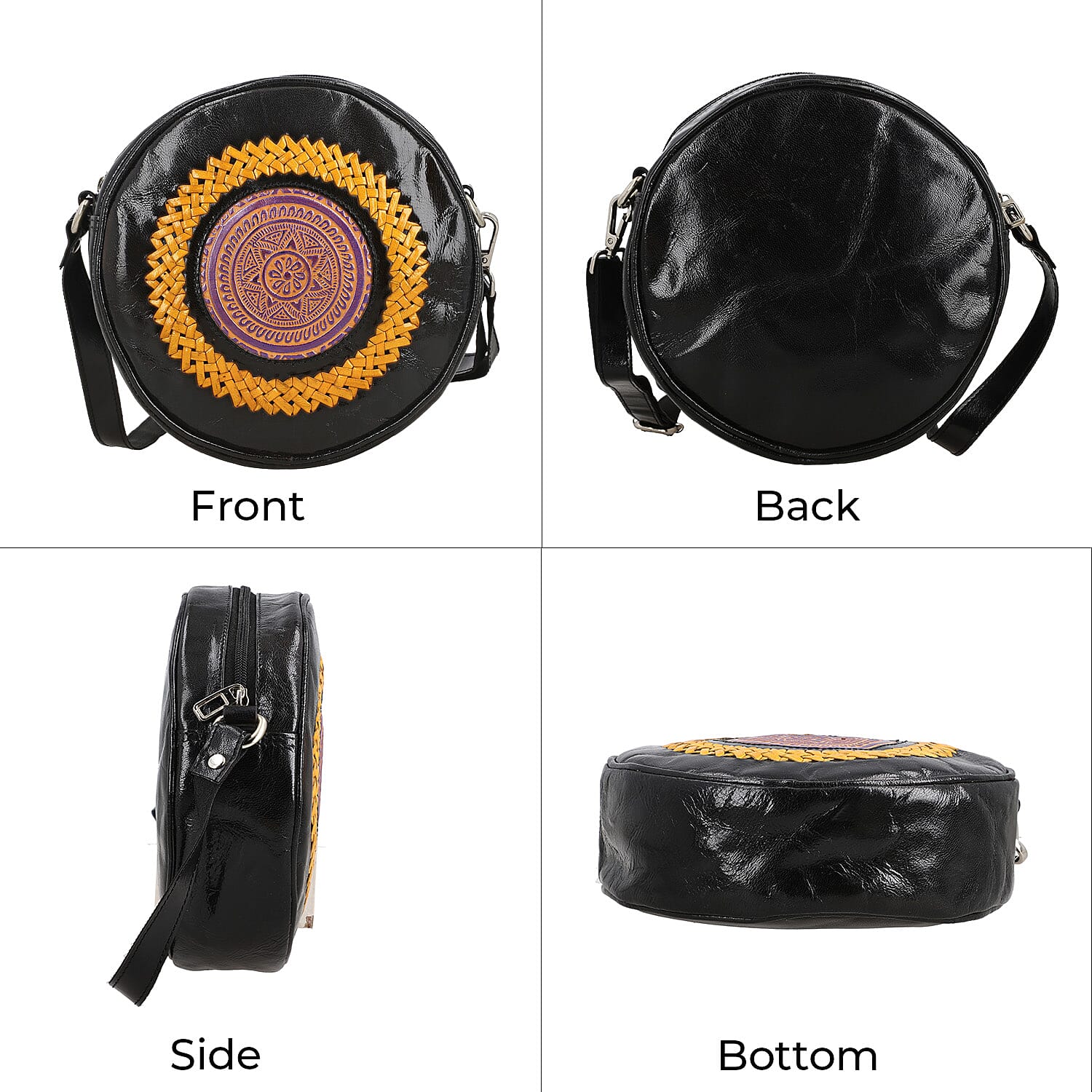 Black and Yellow Genuine Leather Weaving Mandala Pattern Round Crossbody Bag