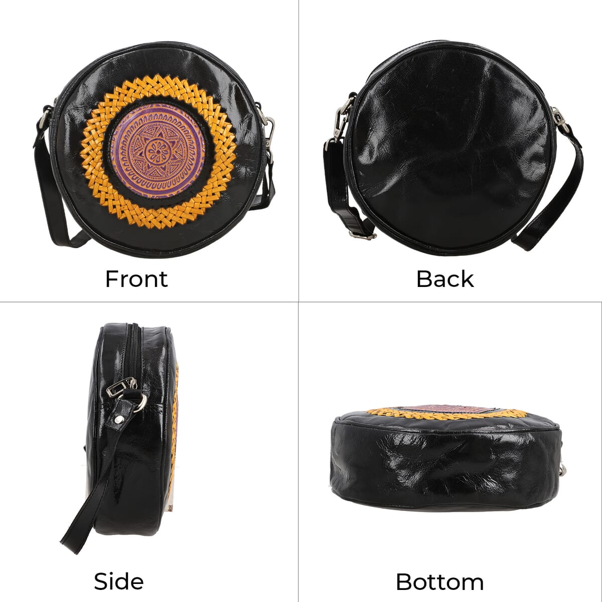 Black and Yellow Genuine Leather Weaving Mandala Pattern Round Crossbody Bag image number 4