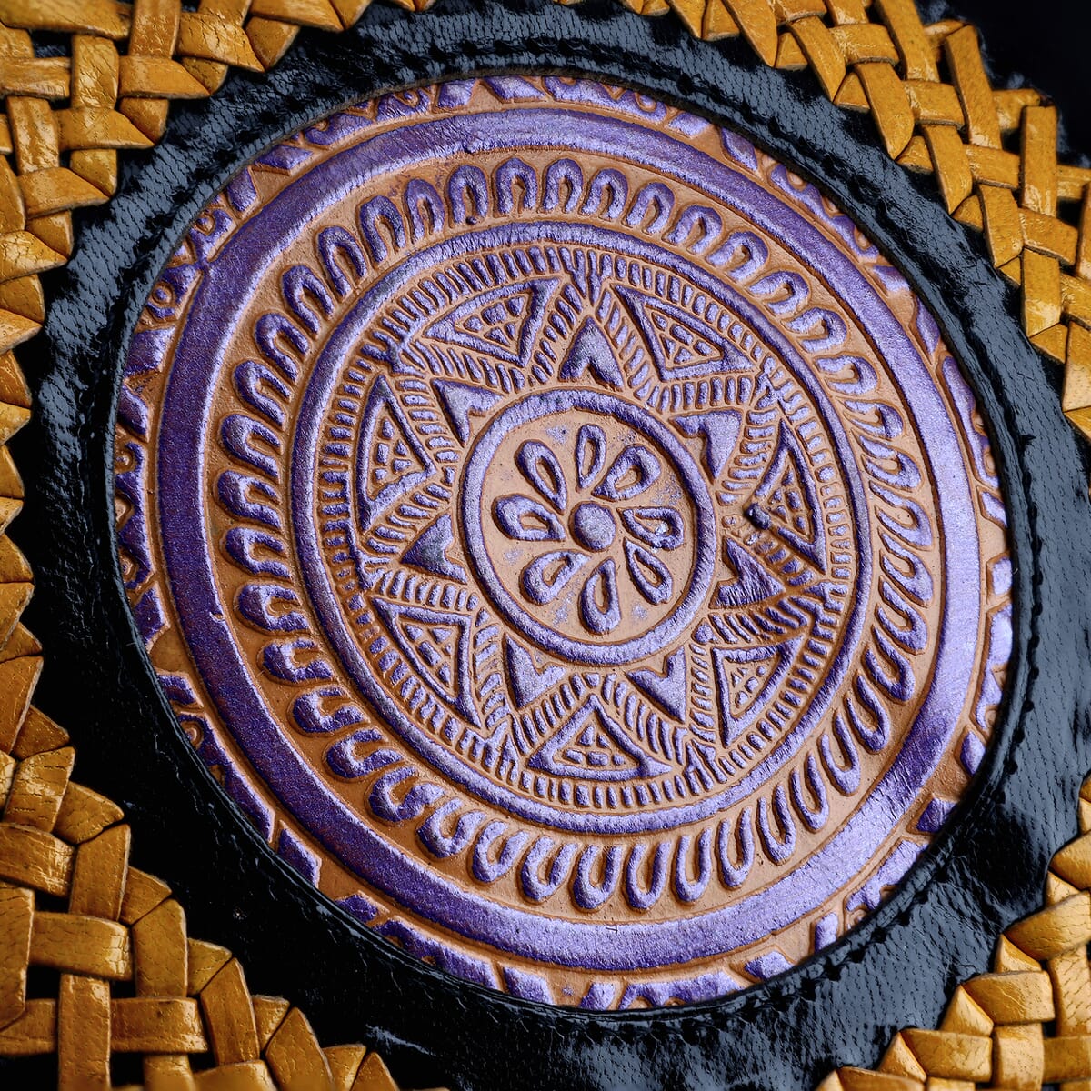 Black and Yellow Genuine Leather Weaving Mandala Pattern Round Crossbody Bag image number 5
