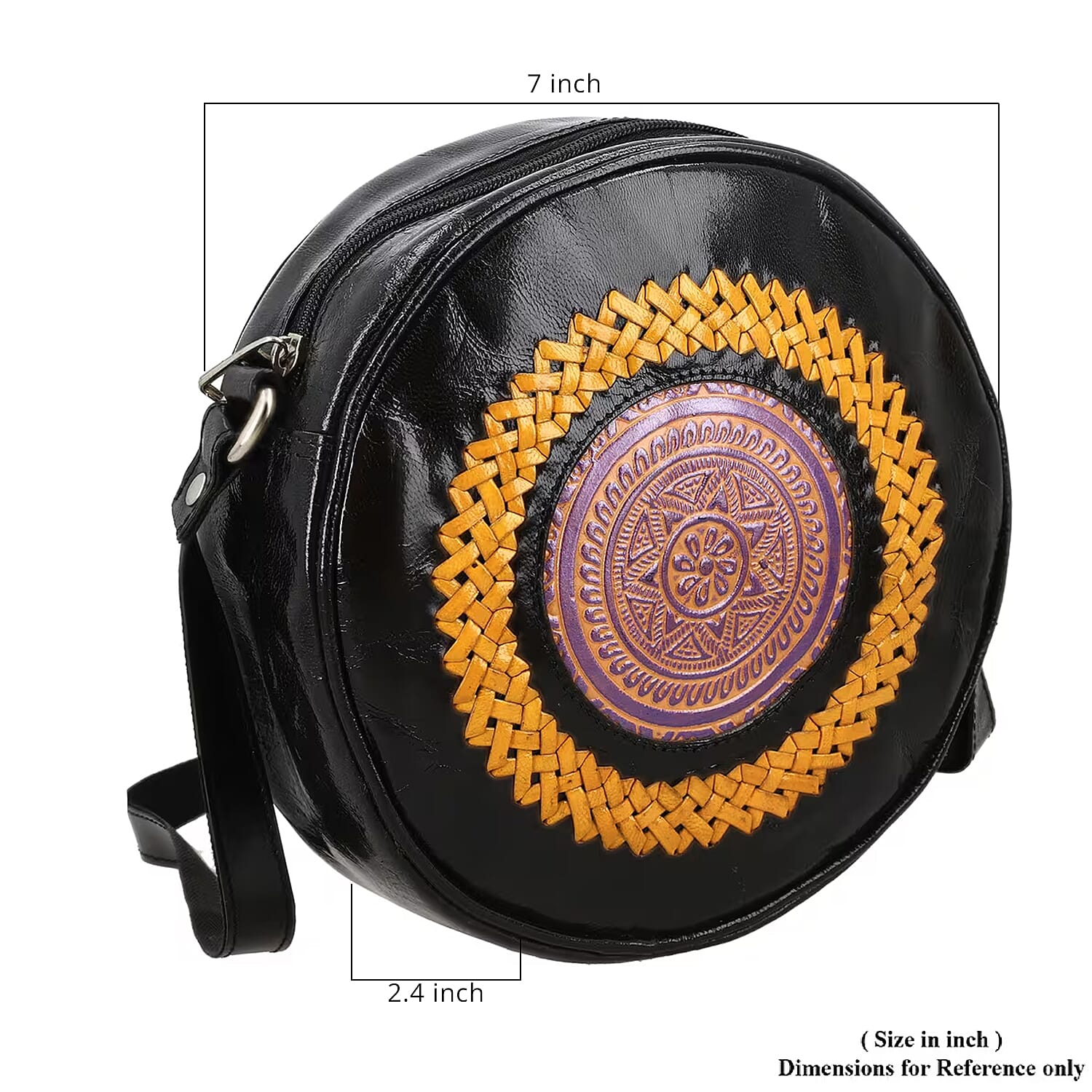 Black and Yellow Genuine Leather Weaving Mandala Pattern Round Crossbody Bag