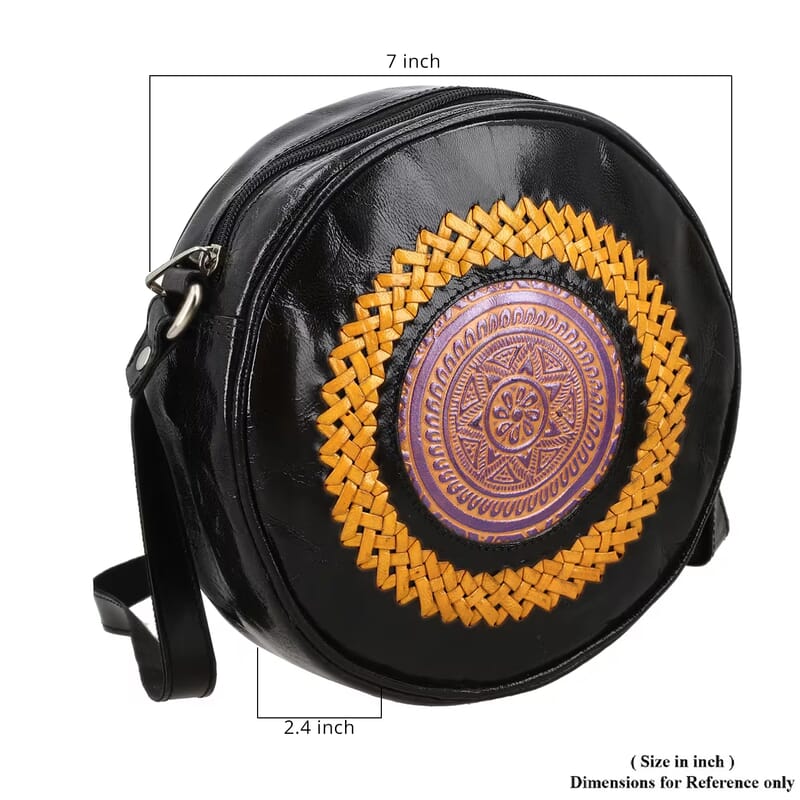 Black and Yellow Genuine Leather Weaving Mandala Pattern Round Crossbody Bag