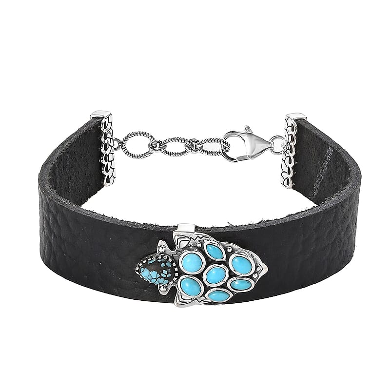 Artisan Crafted Sleeping Beauty Turquoise, Blue Moon Turquoise Arrow Head Bracelet in Leather Cord and Sterling Silver (6.50-8.0In) 1.75 ctw