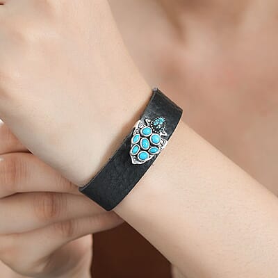 Artisan Crafted Sleeping Beauty Turquoise, Blue Moon Turquoise Arrow Head Bracelet in Leather Cord and Sterling Silver (6.50-8.0In) 1.75 ctw