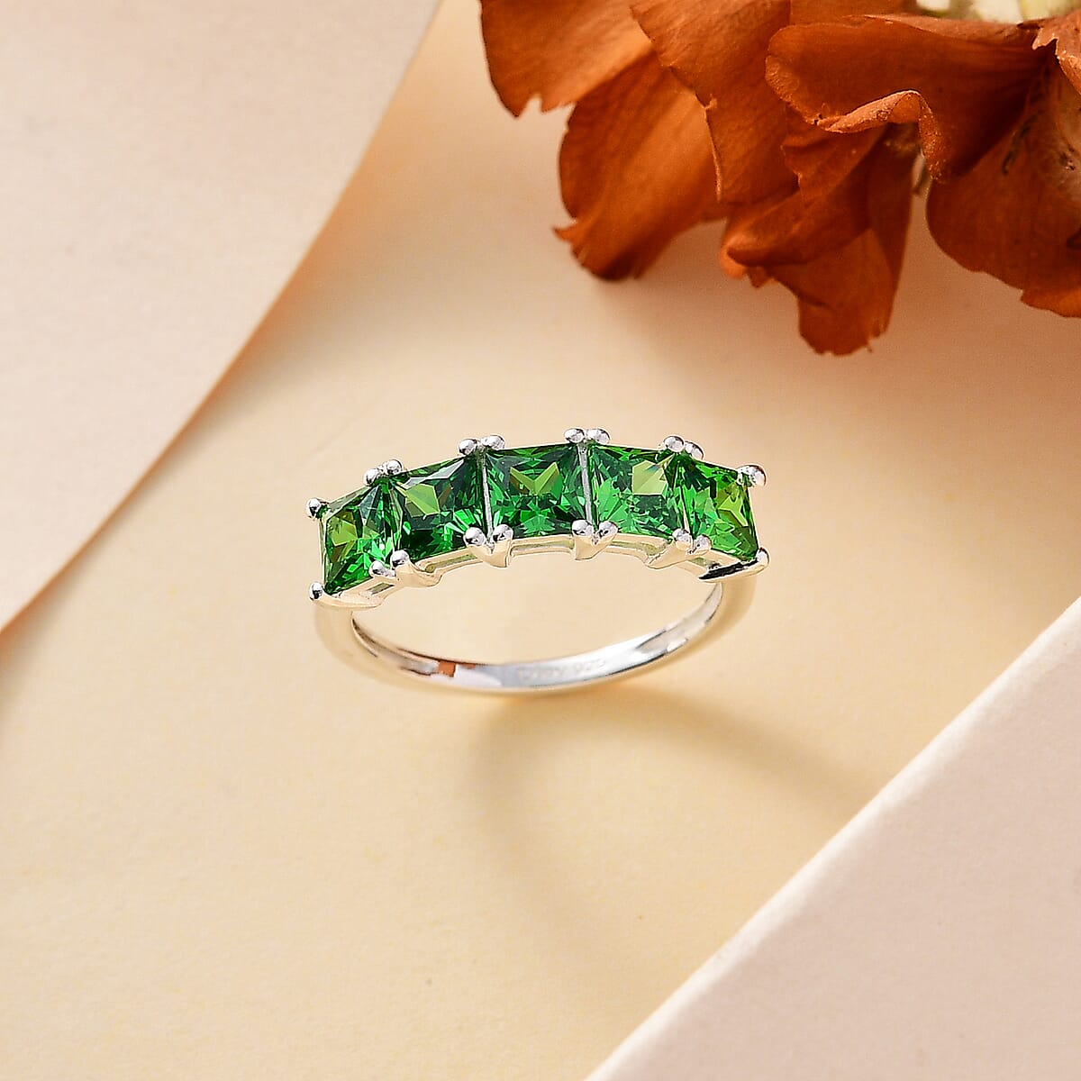 D'Joy Simulated Green Diamond 5 Stone Ring in Sterling Silver (Size 6.0) 2.65 ctw image number 1