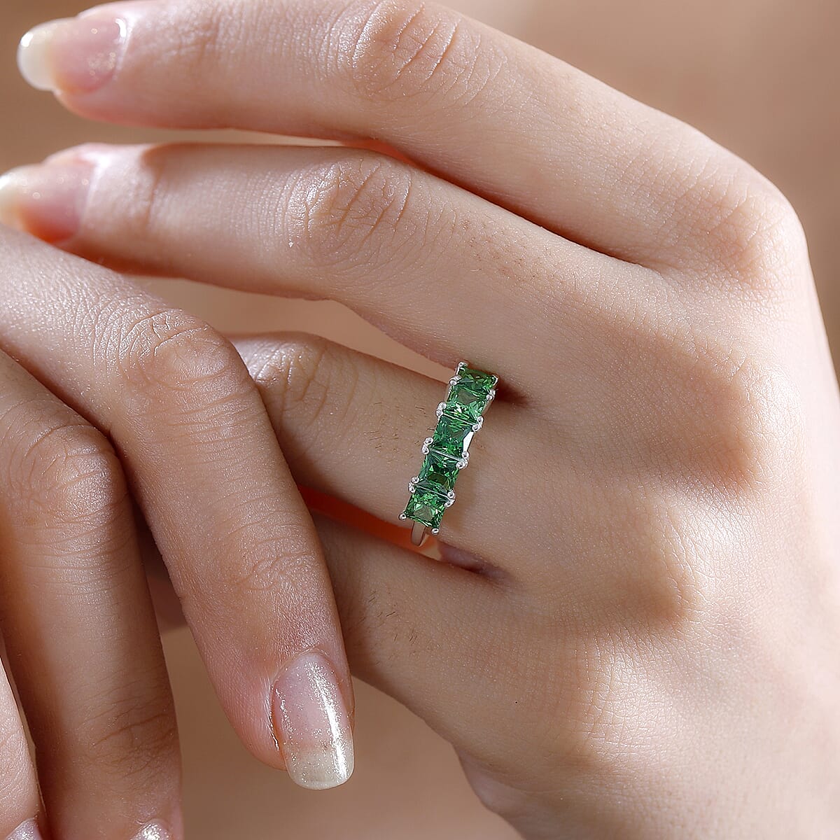 D'Joy Simulated Green Diamond 5 Stone Ring in Sterling Silver (Size 6.0) 2.65 ctw image number 2