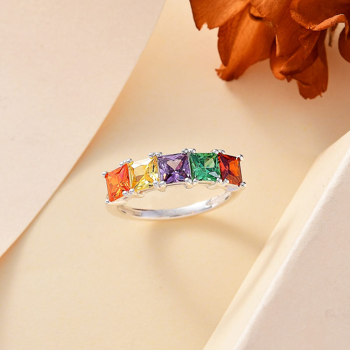 Simulated Multi Color Diamond 2.60 ctw 5 Stone Ring in Sterling Silver (Size 10.0)  image number 1