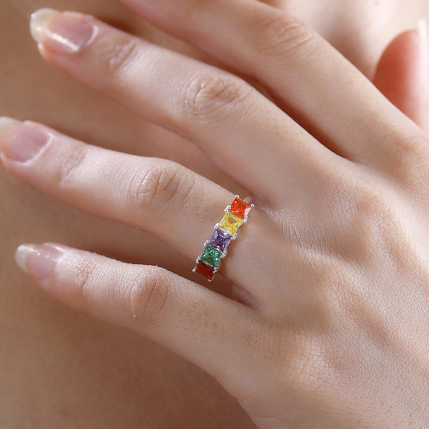 Simulated Multi Color Diamond 2.60 ctw 5 Stone Ring in Sterling Silver (Size 10.0) 