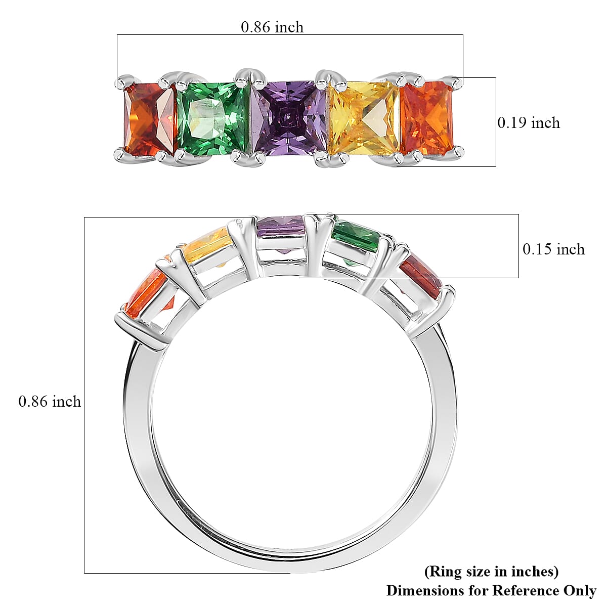 Simulated Multi Color Diamond 2.60 ctw 5 Stone Ring in Sterling Silver (Size 10.0) 