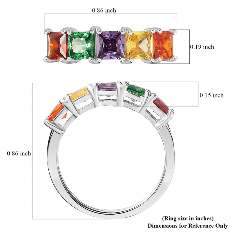 Simulated Multi Color Diamond 2.60 ctw 5 Stone Ring in Sterling Silver (Size 10.0) 