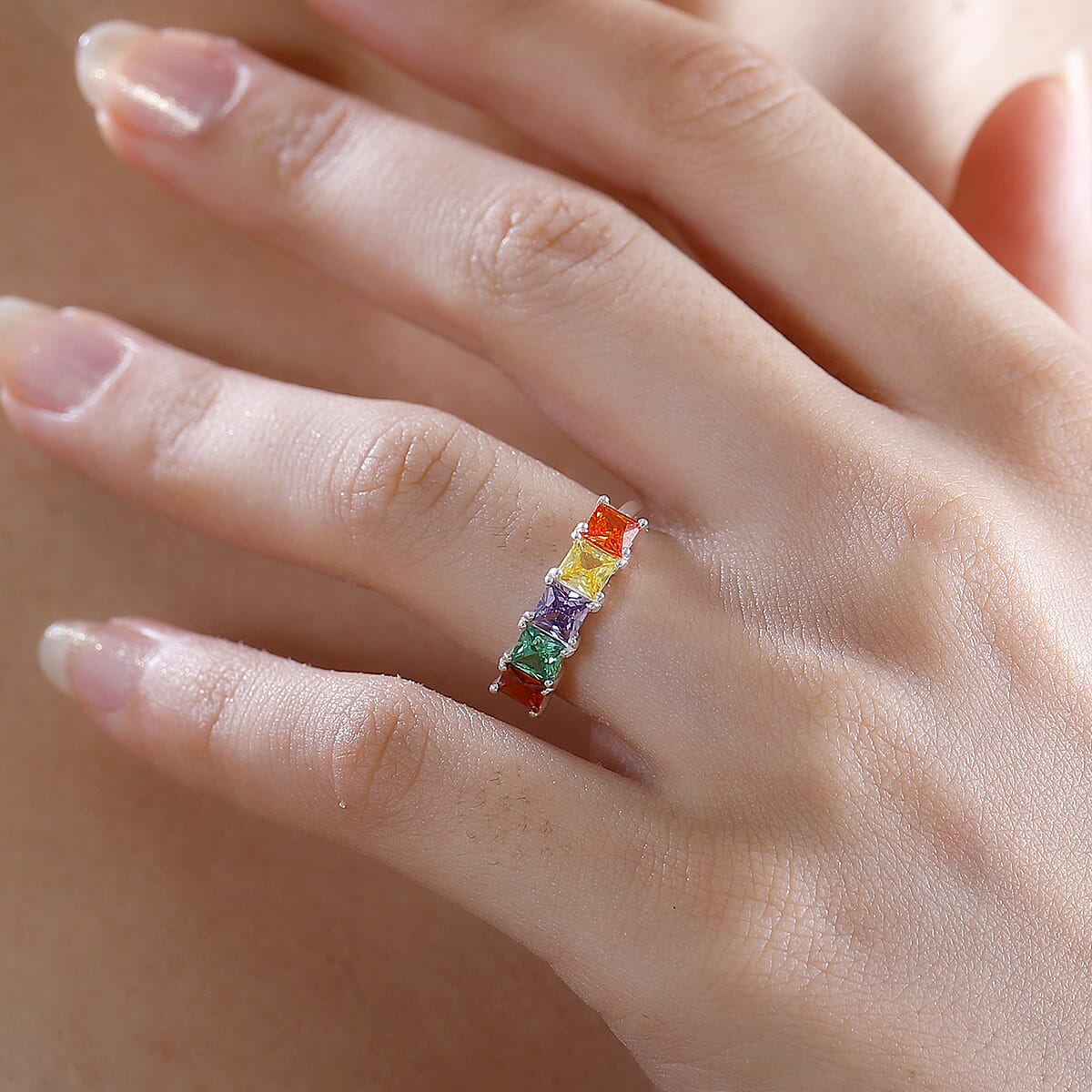 Simulated Multi Color Diamond 2.60 ctw 5 Stone Ring in Sterling Silver (Size 5.0)  image number 2