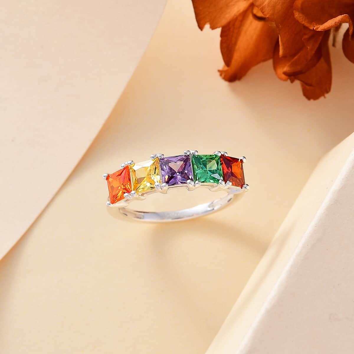 Simulated Multi Color Diamond 5 Stone Ring in Sterling Silver (Size 6.0) 2.60 ctw image number 1