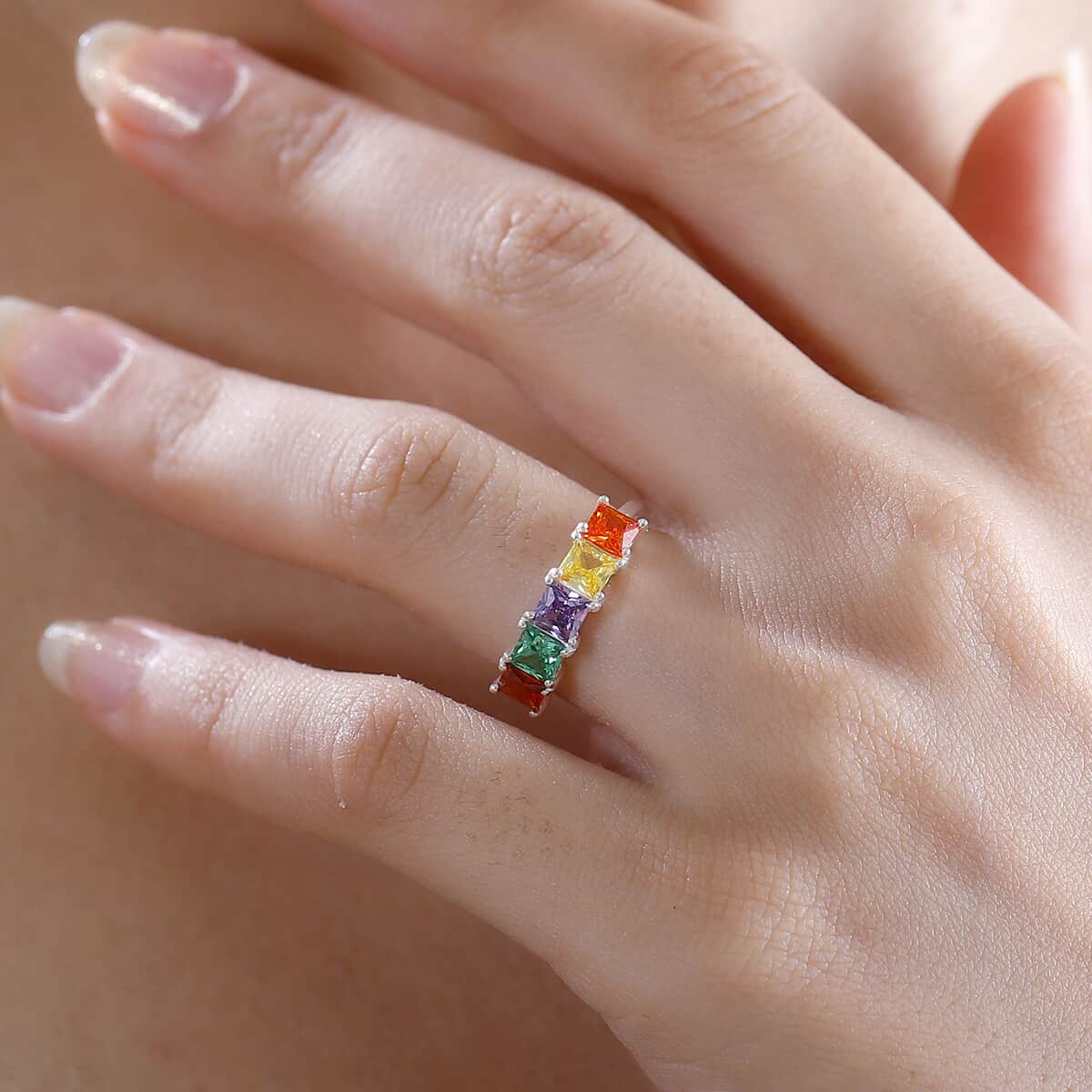 Simulated Multi Color Diamond 5 Stone Ring in Sterling Silver (Size 6.0) 2.60 ctw image number 2