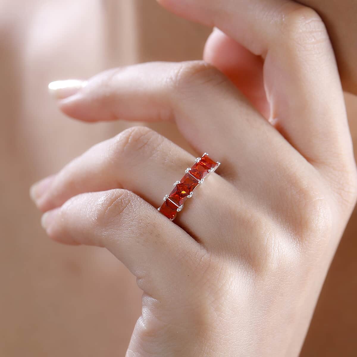 Simulated Red Diamond 5 Stone Ring in Sterling Silver (Size 7.0) 2.60 ctw image number 2