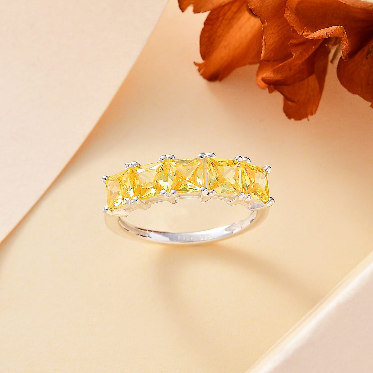 D'Joy Simulated Yellow Diamond 5 Stone Ring in Sterling Silver (Size 5.0) image number 1