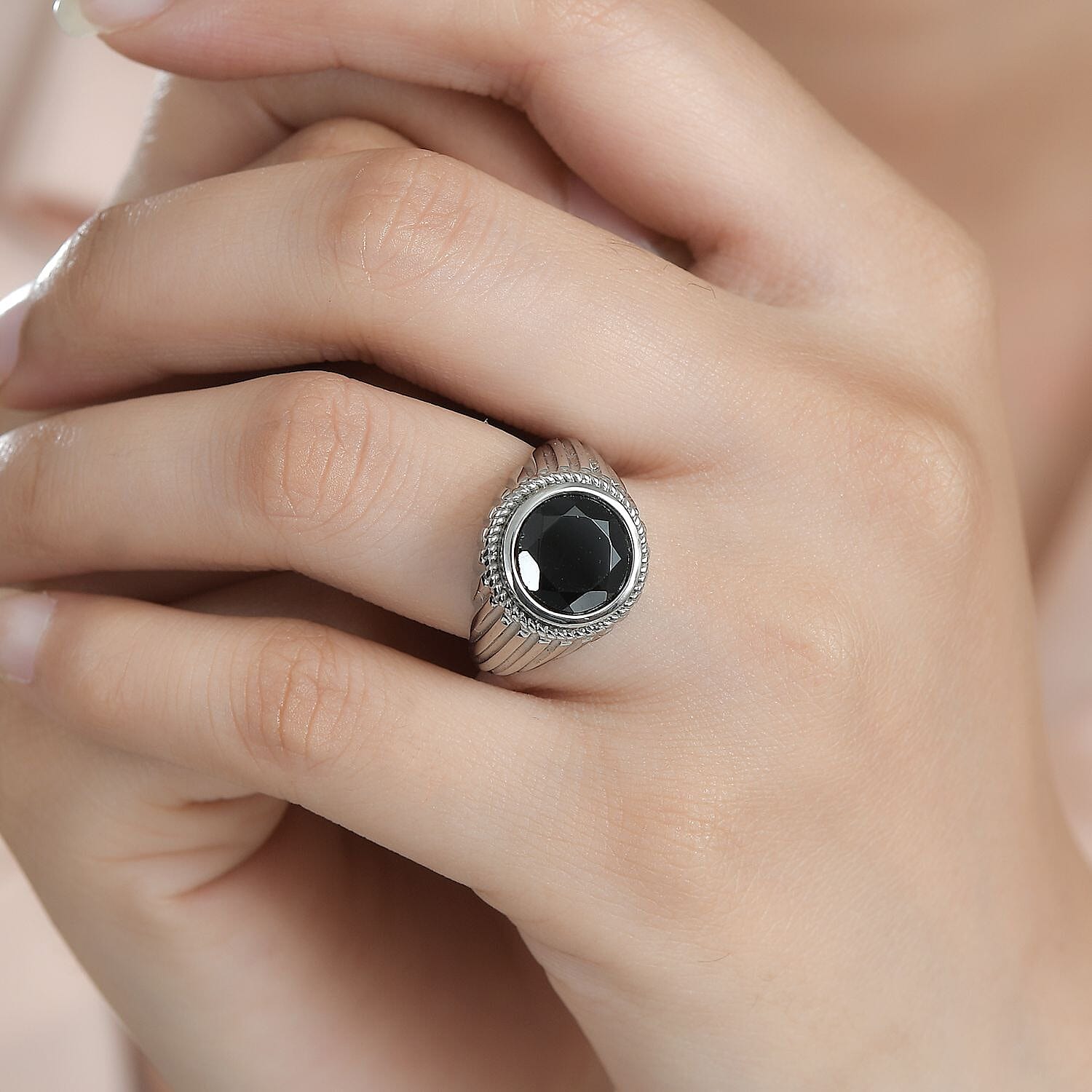 Thai Black Spinel Solitaire Ring in Stainless Steel (Size 10.0) 4.50 ctw